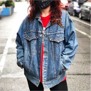 Studded Blue Denim Jean Jacket - Women's Oversized